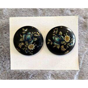 Vtg Black Enamel Floral Earrings 1" Round Hand Painted Wood Stud Post MCM
